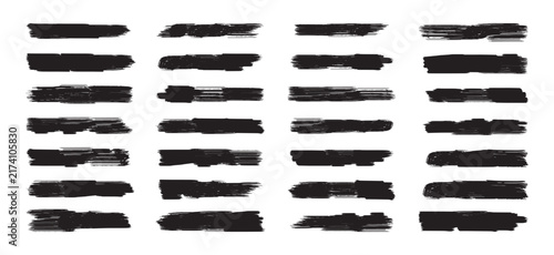 Black marker stroke lines vector set isolated on white background. Grunge black highlighter brush stroke collection for underline and censorship text. Vector illustration.