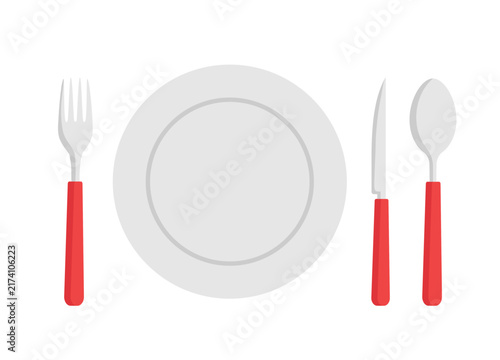 Set of plate,fork, knife and spoon isolated on white background in flat style. Vector stock