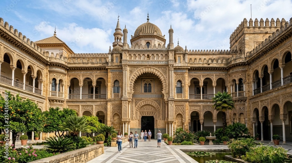 Obraz premium Alcázar of Seville: Ornate courtyard with arches, fountains, and lush greenery