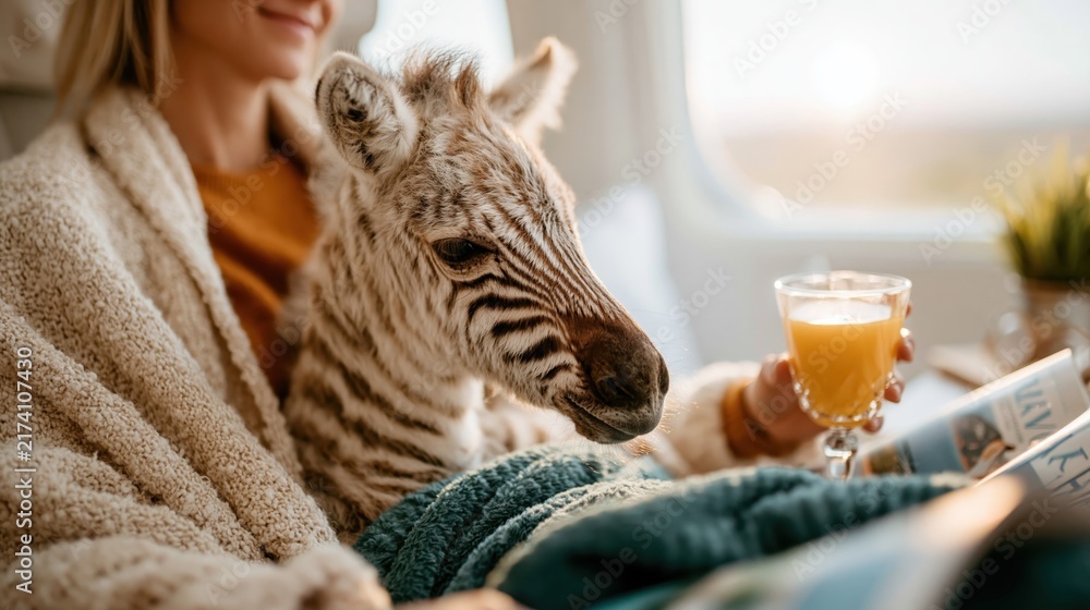 Fototapeta premium A woman enjoys a tranquil moment snuggling with a zebra cub while enjoying a refreshing drink in a cozy indoor setting, symbolizing compassion and the beauty of wildlife.