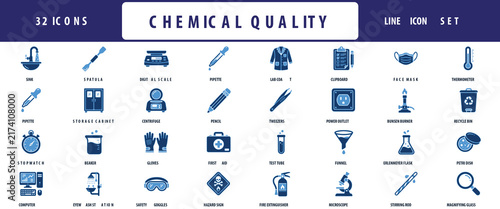 Foto Chemical quality line icon set depicting laboratory equipment and safety gear
