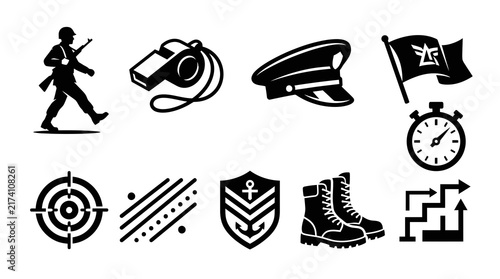 Military Training Soldier Boots Whistle and Tactics Vector Icons Set
