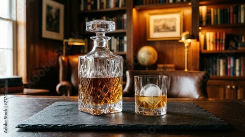 Crystal Decanter and Glass of Whiskey with Ice Ball in Study