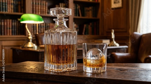 Crystal Decanter and Glass with Whiskey and Ice Ball in Study Room