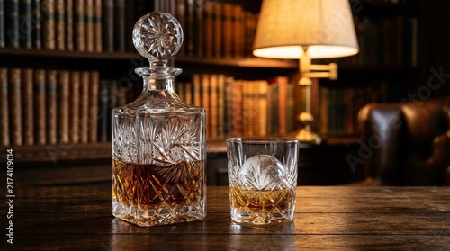 Crystal Decanter & Glass Filled with Amber Whiskey on Desk with Bookshelf Background