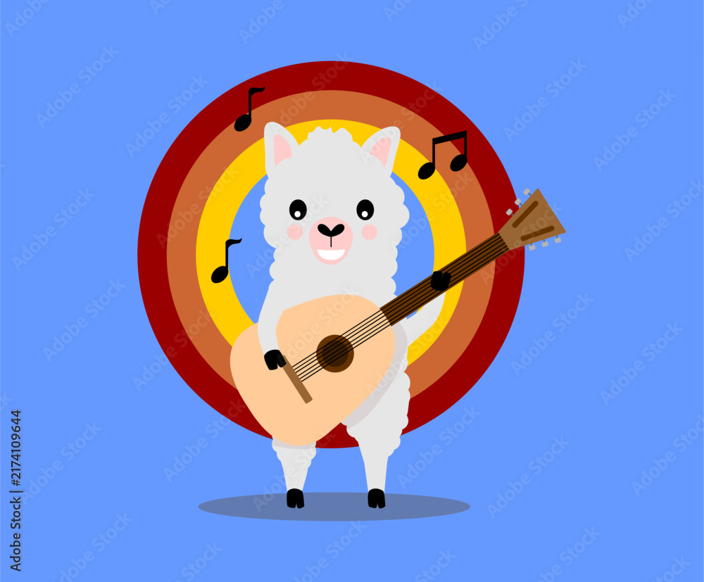 Naklejka premium Illustration of alpaca playing guitar, isolated on blue background