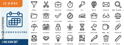 Collection of thirty two flat line icons depicting office and everyday objects