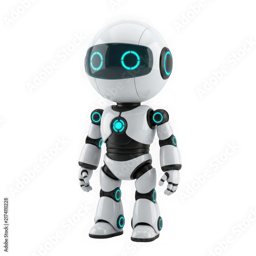 Cute white robot character with glowing blue lights isolated on a white background