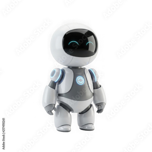 Cute white robot toy with glowing blue lights isolated on a white background