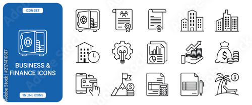Set of 15 business and finance line icons including safe, office buildings, financial reports, growth charts, money bag, and digital payment