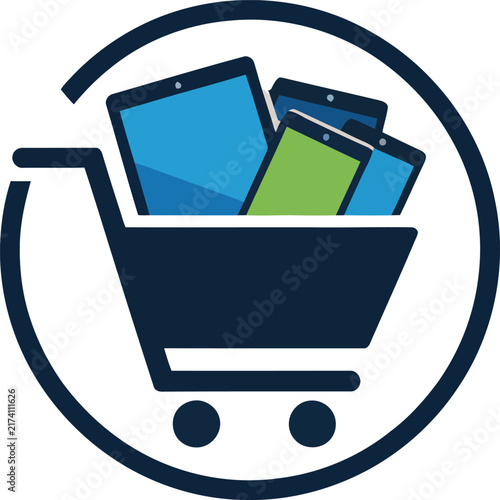 Mobile device shopping cart logo vector. Features blue and green tablets inside a trolley with a circular frame. Flat design concept for tech store, digital purchase, and e-commerce.