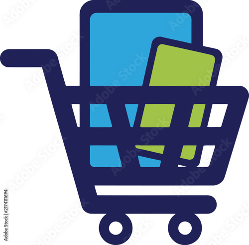 Mobile shopping cart icon vector. Blue and green smartphones inside a dark blue trolley. Flat design graphic representing m-commerce, digital purchase, retail, and online store checkout.