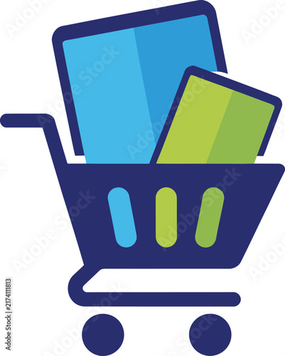 Shopping cart with boxes icon vector illustration. Dark blue grocery trolley containing blue and green packages. Flat design symbol for digital commerce, online store, and retail business.