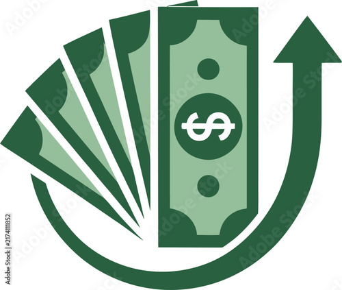 Money back guarantee vector icon. Cash fan with dollar bill and upward green arrow. Financial refund, return on investment, cashback reward, and business growth concept.