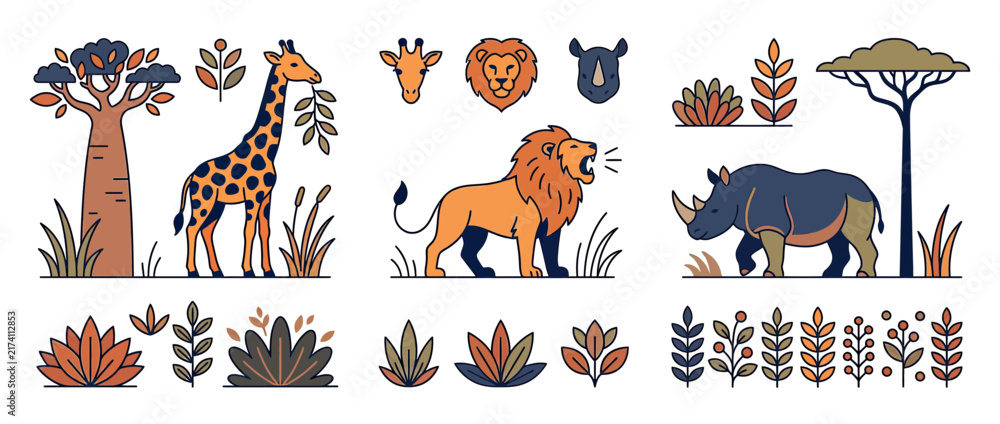 Obraz premium African Safari Animals and Flora Isolated Vector Illustrations