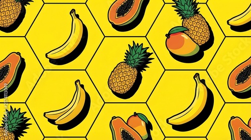 A vibrant and colorful arrangement of tropical fruits, including bananas, pineapples, papayas, and mangoes, set against a bright yellow honeycomb pattern