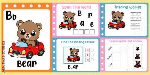 worksheets pack for kids a bear vector.