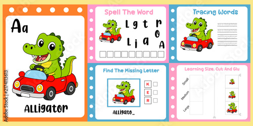 worksheets pack for kids a alligator vector.