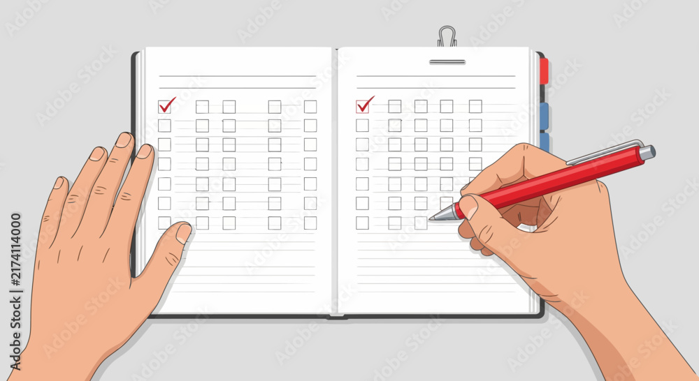 Obraz premium Hands filling out checklist on paper planner page with red pen