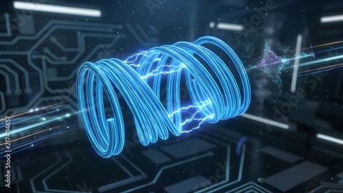 Futuristic glowing blue coils of wire with electrical sparks, set against a backdrop of complex circuit board patterns and technological design, suggesting energy or power generation