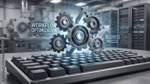 Workflow optimization and business process automation visualized with gears and a keyboard. Digital transformation in industry and technology.