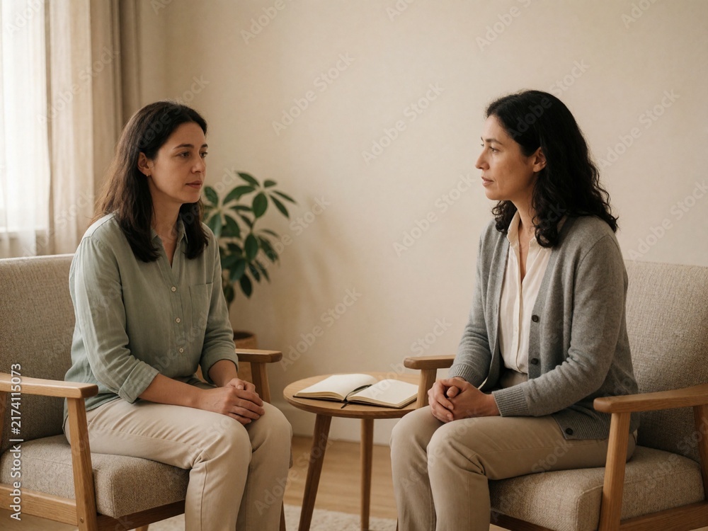 Fototapeta premium Two women having a serious conversation in a therapy session