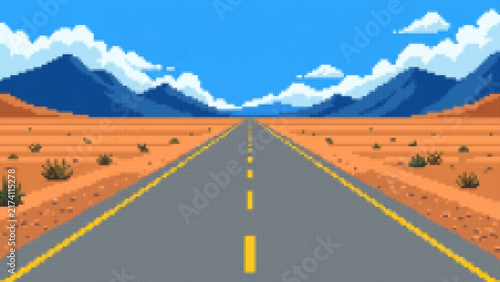 Pixel Art Desert Road Landscape Mountain Highway Game Background, Pixel Desert Highway Landscape Blue Sky Mountain Game Scene