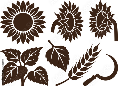 Foto Dark brown silhouettes of sunflowers, wheat stalks, leaves, and a harvesting sic