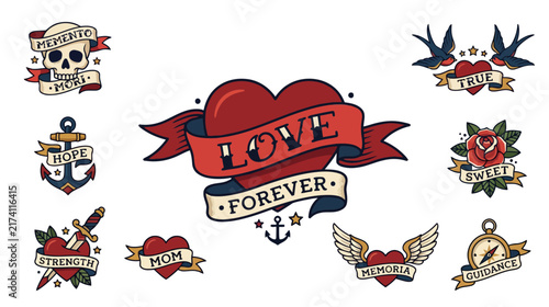 Old School Tattoo Flash Art: Love, Forever, Skull, Anchor, Heart Designs