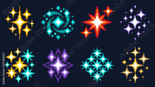 Pixel Art Magic Sparkle Star Icons Fantasy Game Effects Set, Magic Pixel Sparkle Icons Star Effects Fantasy Game Assets