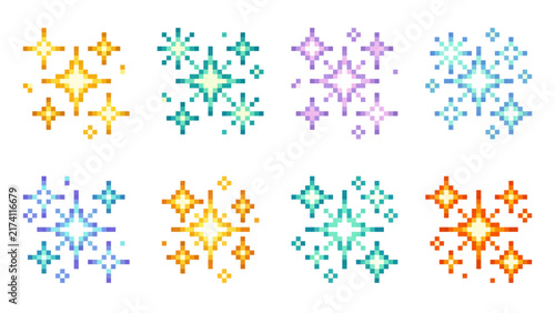 Colorful Pixel Art Sparkle Icons Magical Star Effects Set, Pixel Sparkle Icons Colorful Magic Stars Game UI Elements