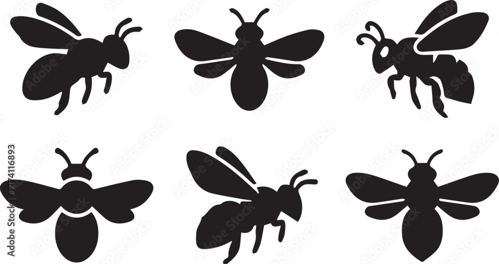Fototapeta premium Bee vector silhouettes honey bees flying insects icons set
