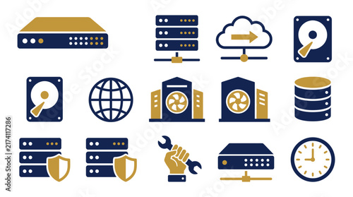 Data Center Technology Icons: Servers, Cloud, Hard Drives & Network Gear