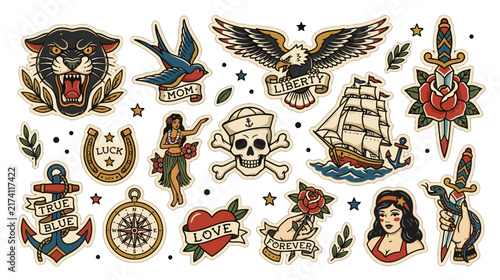 Vintage Tattoo Flash Set: Eagle, Panther, Rose, Ship, Skull, Anchor, Pinup
