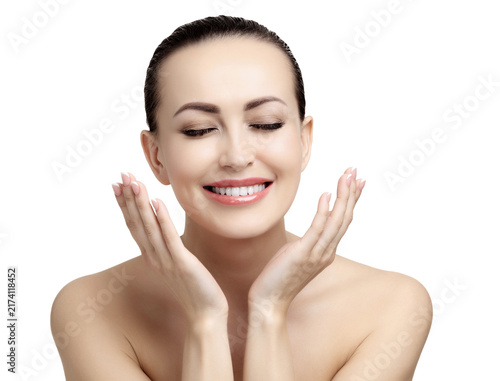 Young happy pretty woman with smooth and clean skin is posing, isolated