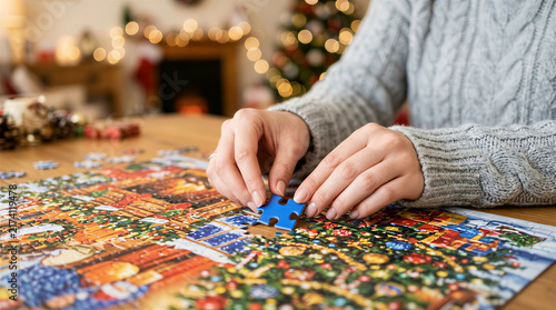 Person assembling Christmas puzzle on wooden table. Holiday season, festive activity, indoor leisure, family bonding.