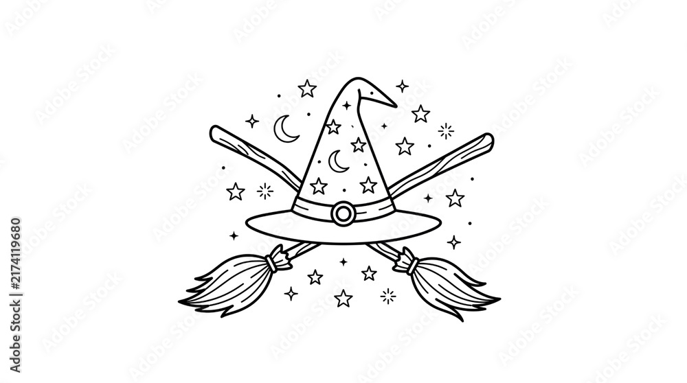 Fototapeta premium Mystical witch hat and crossed brooms line art, celestial wizard cap with stars and moons, magical halloween occult illustration