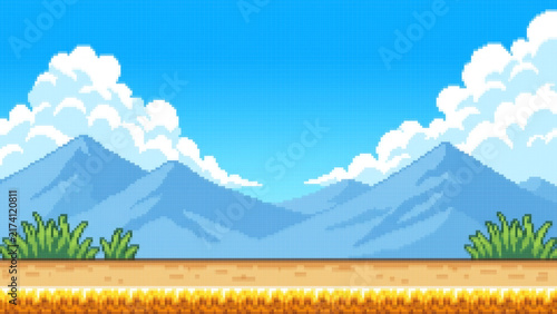 Pixel Art Blue Mountains Green Grass Landscape, Blue Mountain Pixel Art Landscape Green Grass Nature Background