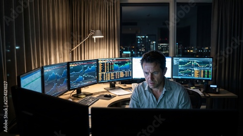 Focused Trader Monitoring Stock Market Data on Multiple Screens at Night