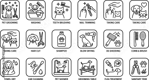 Pet Grooming Line Icons Set - Vector Pet Care, Washing, Nail Trimming, and Dog Care Symbols