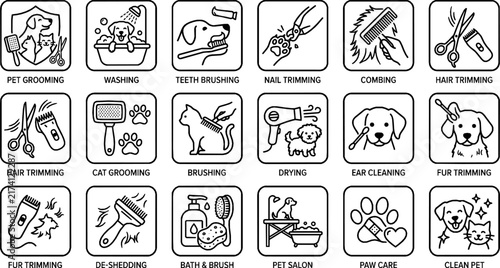 Pet Grooming Line Icons Set - Vector Pet Care, Washing, Nail Trimming, and Dog Care Symbols