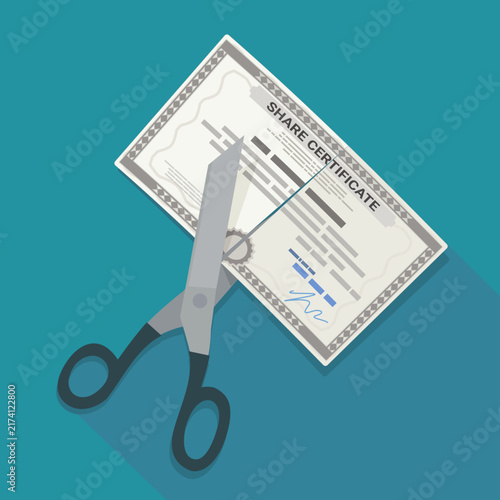 Scissors cutting a corporate share certificate on teal background representing company stock split, equity cancellation, contract termination, and financial asset liquidation