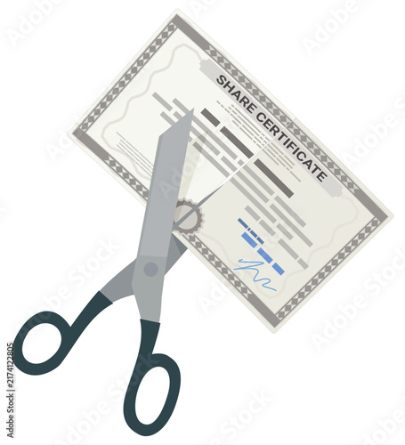 Scissors cutting a corporate share certificate representing company stock split, equity cancellation, contract termination, and financial asset liquidation (cut out)