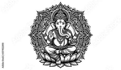 Картината върху платно Intricate black and white Lord Ganesha mandala sitting on lotus flower for Hindu