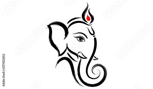 Фотография Minimalist black line art Lord Ganesha face with red tilak mark on white backgro