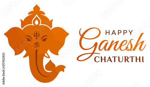 Fotografie Orange silhouette icon of Lord Ganesha with elegant typography lettering for tra