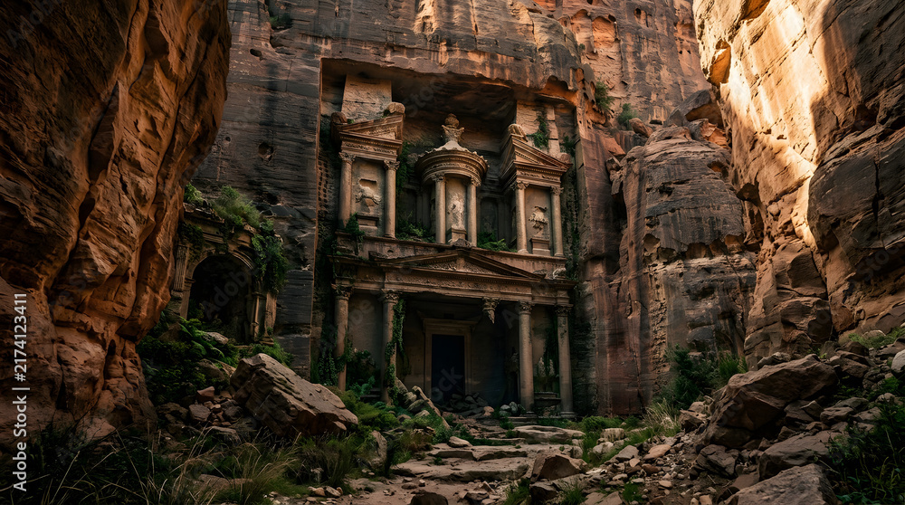Fototapeta premium Ancient rock-cut temple facade in shadowed canyon.