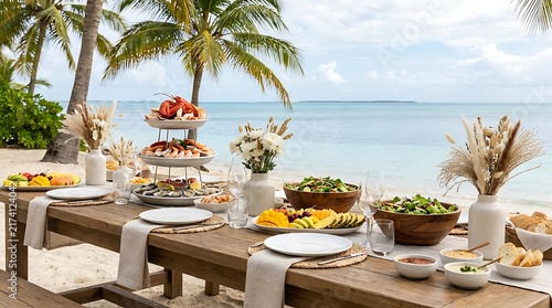 A festive outdoor dining table set with food and drinks on a tropical beach near palm trees. oceanfront catering arrangement