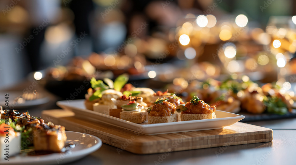Naklejka premium Gourmet buffet spread arranged at a bright elegant event catering and hospitality gourmet buffet elegant event food display presentation variety of food fine dining table