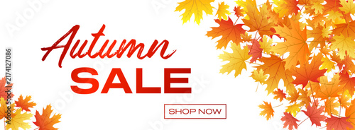 Autumn sale text, falling yellow orange maple leaves cluster.